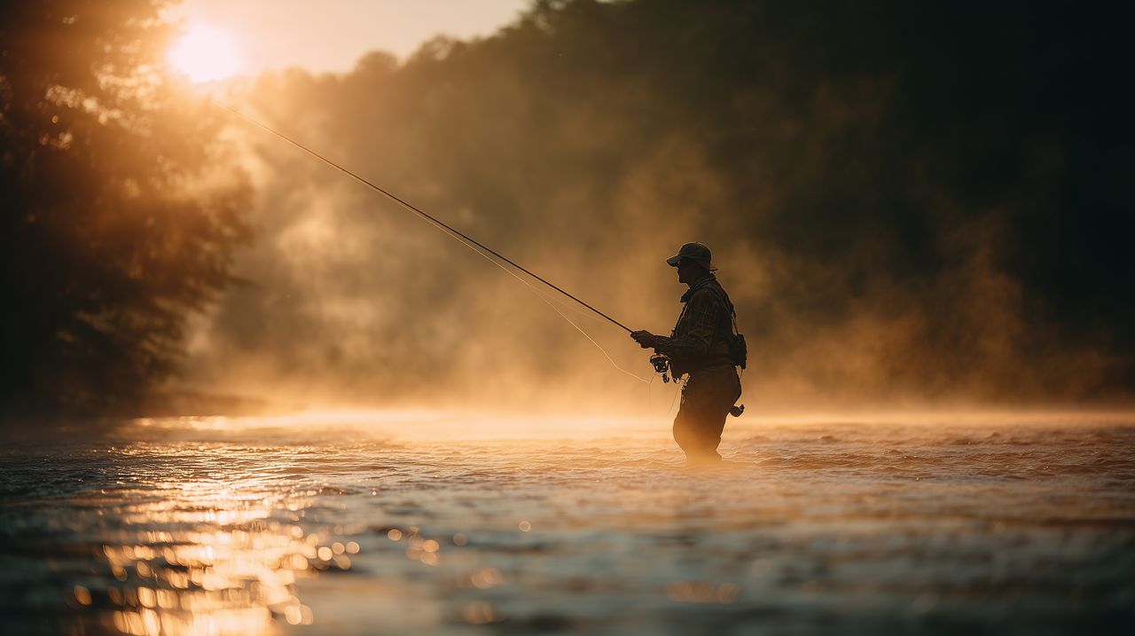 Un pêcheur à la mouche dans la brume du matin, la canne levée